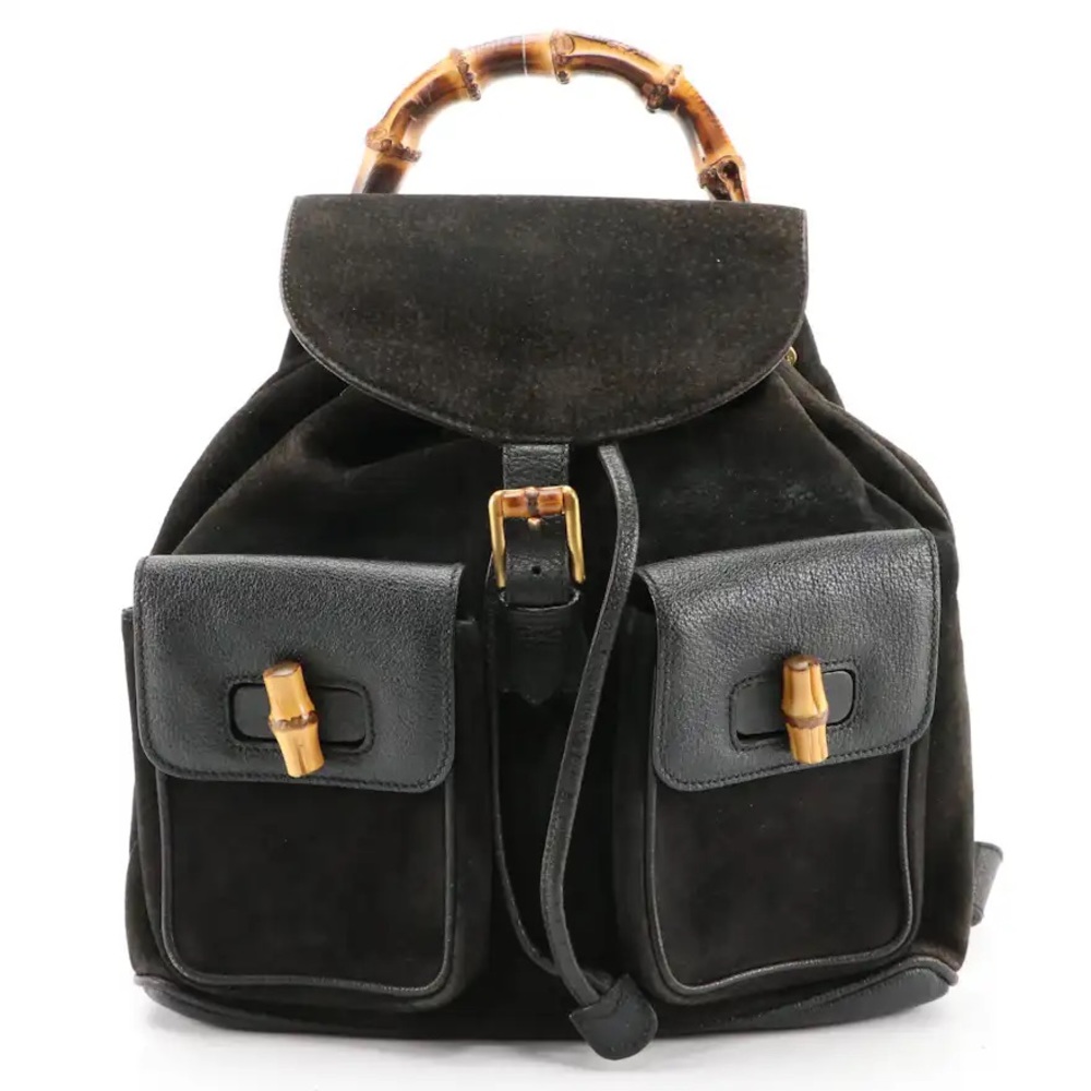 Gucci Bamboo Double Pocket Backpack in Black Suede and Leather